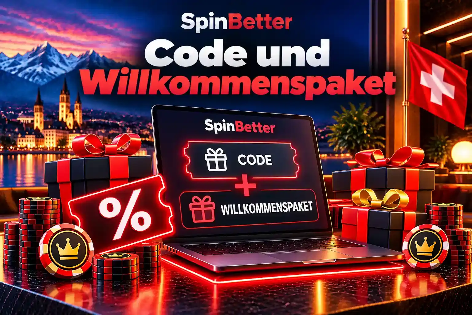 Laptop mit Gutscheincode-Feld und Willkommenspaket zwischen Geschenkboxen