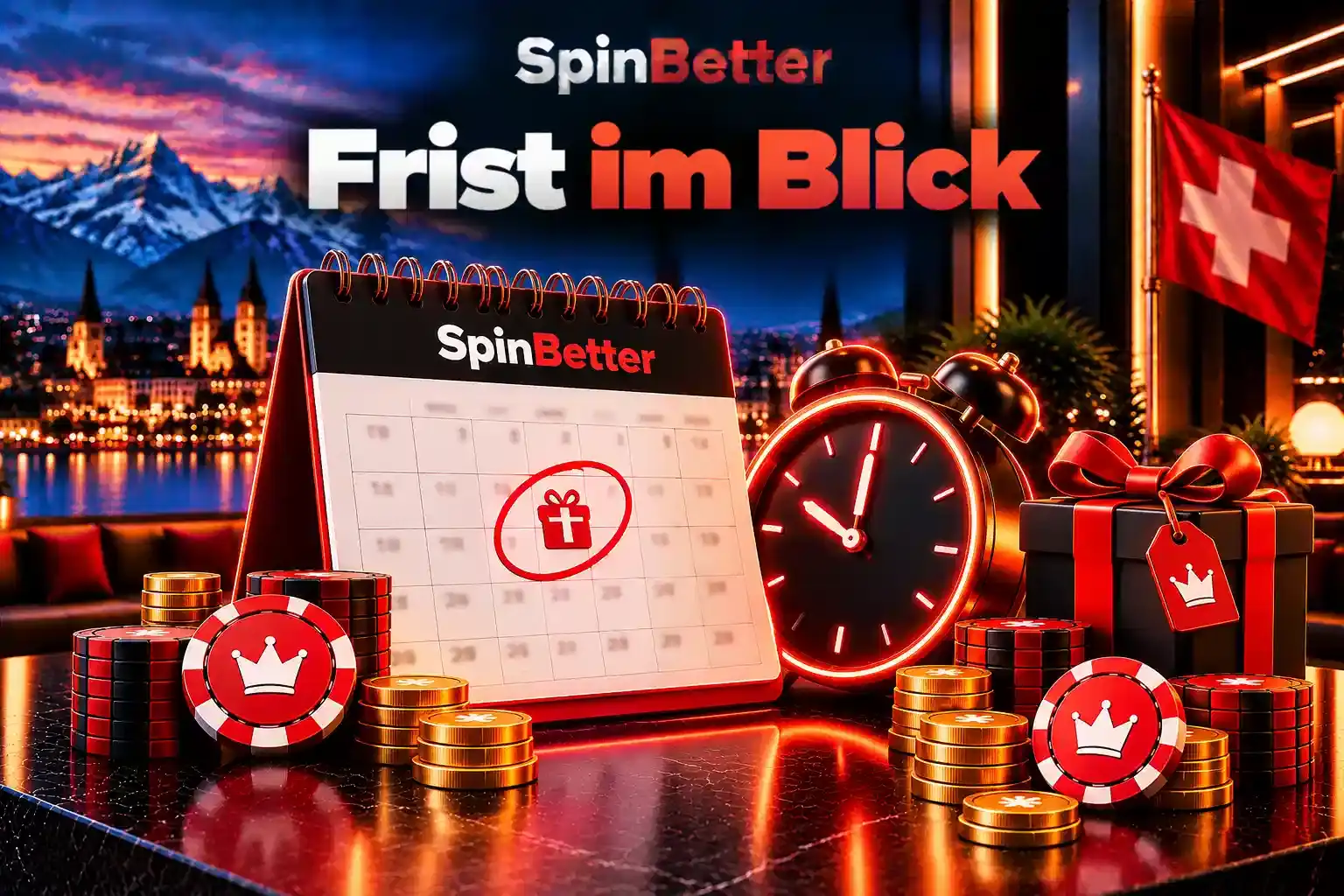Kalender mit markiertem Geschenk-Tag neben einem Wecker