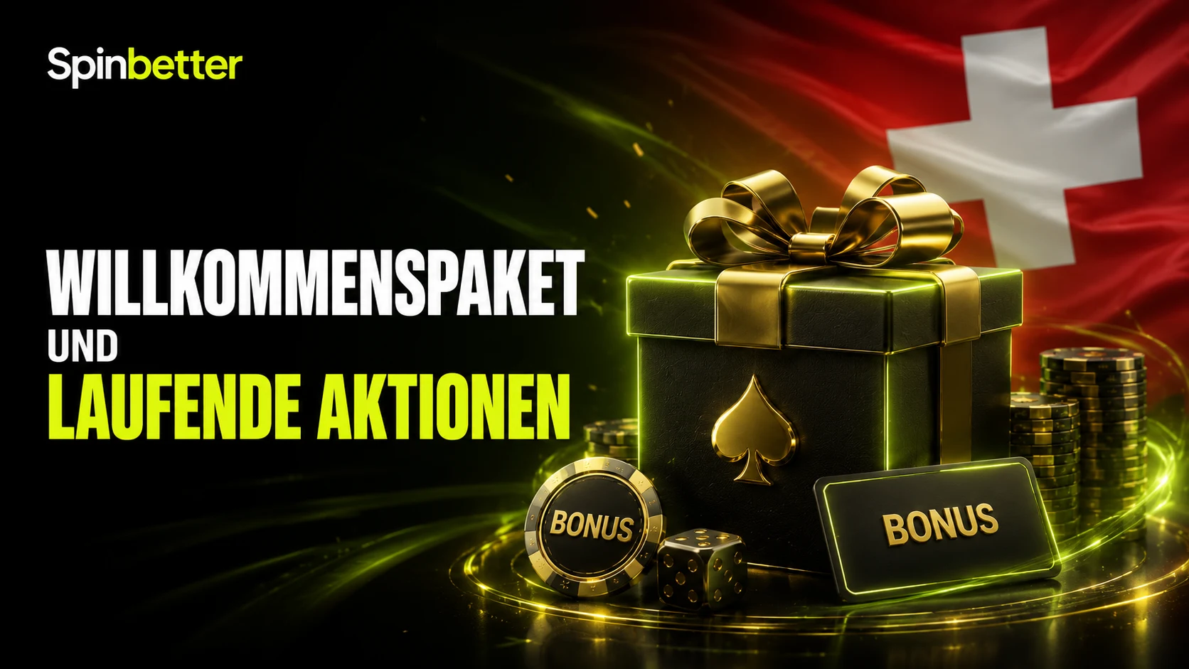 Geschenkbox mit Bonus-Chips vor der Schweizer Flagge