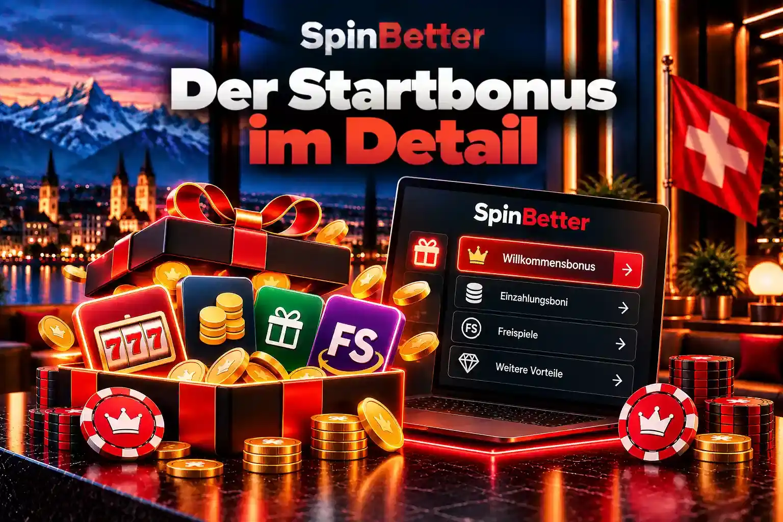 Menü mit Willkommensbonus, Einzahlungsboni und Freispielen im SpinBetter-Konto