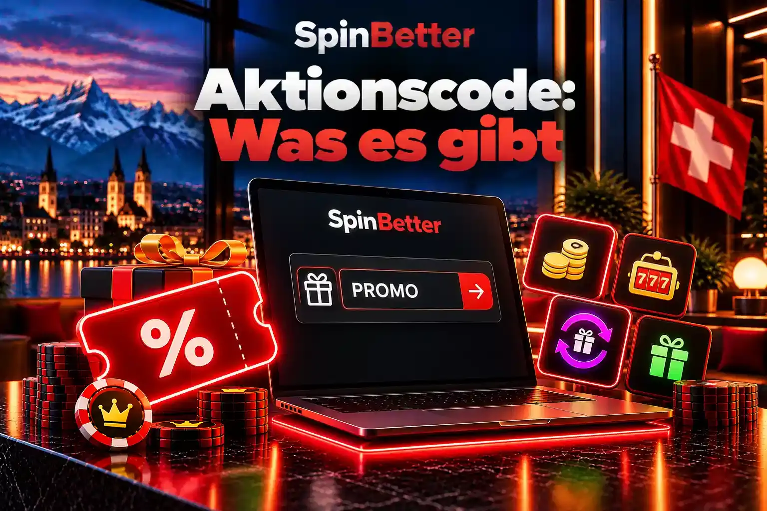 Gutscheincode-Feld auf dem Laptop vor einem Schweizer Bergpanorama
