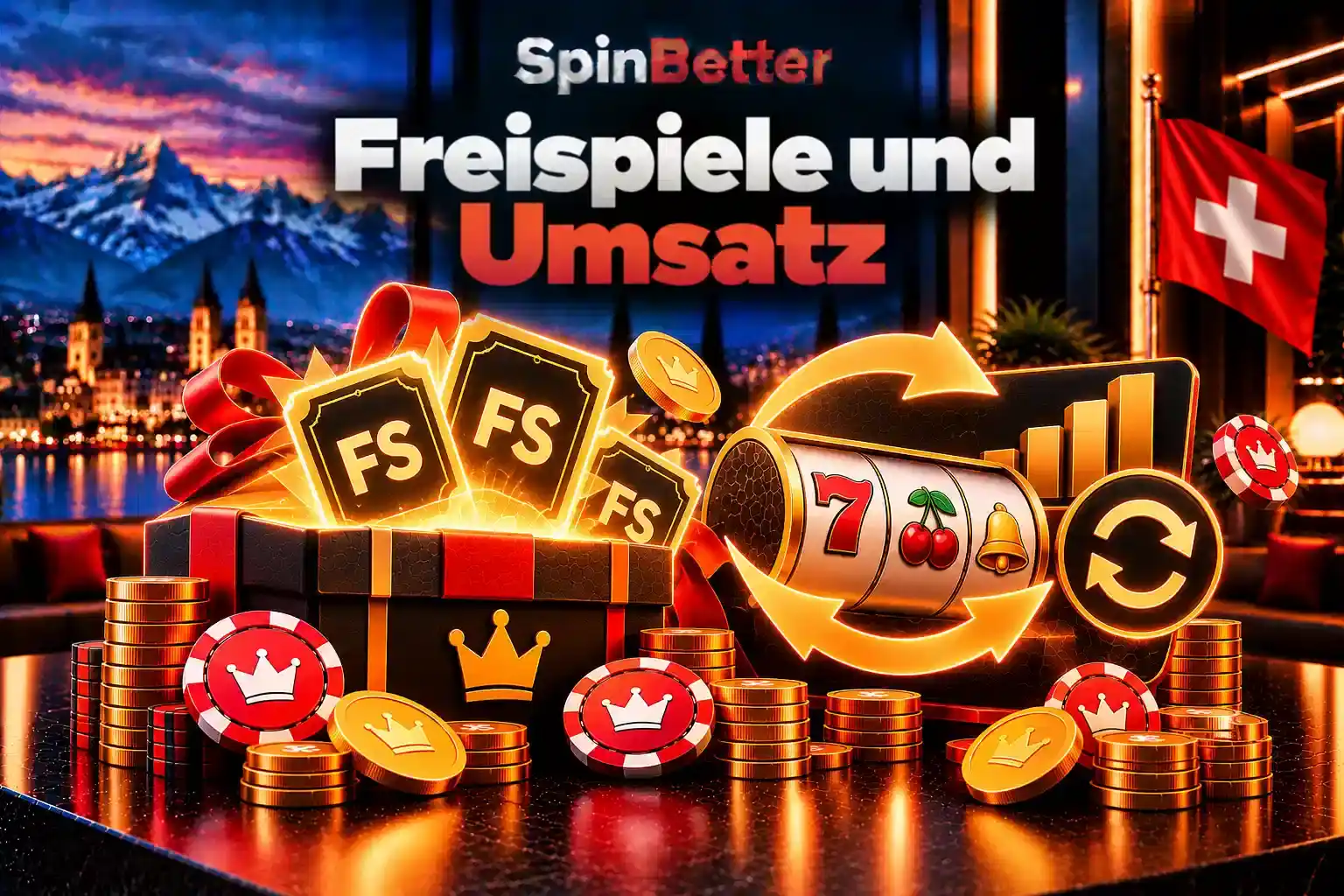 Geöffnete Geschenkbox mit Freispiel-Tickets neben einem Slot und Umsatz-Symbol