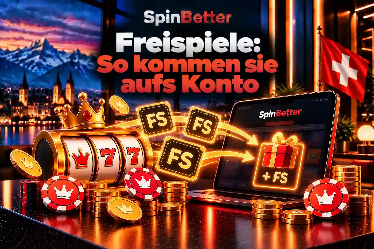 Freispiel-Symbole fliegen von einem Slot-Automaten auf ein Konto auf dem Tablet